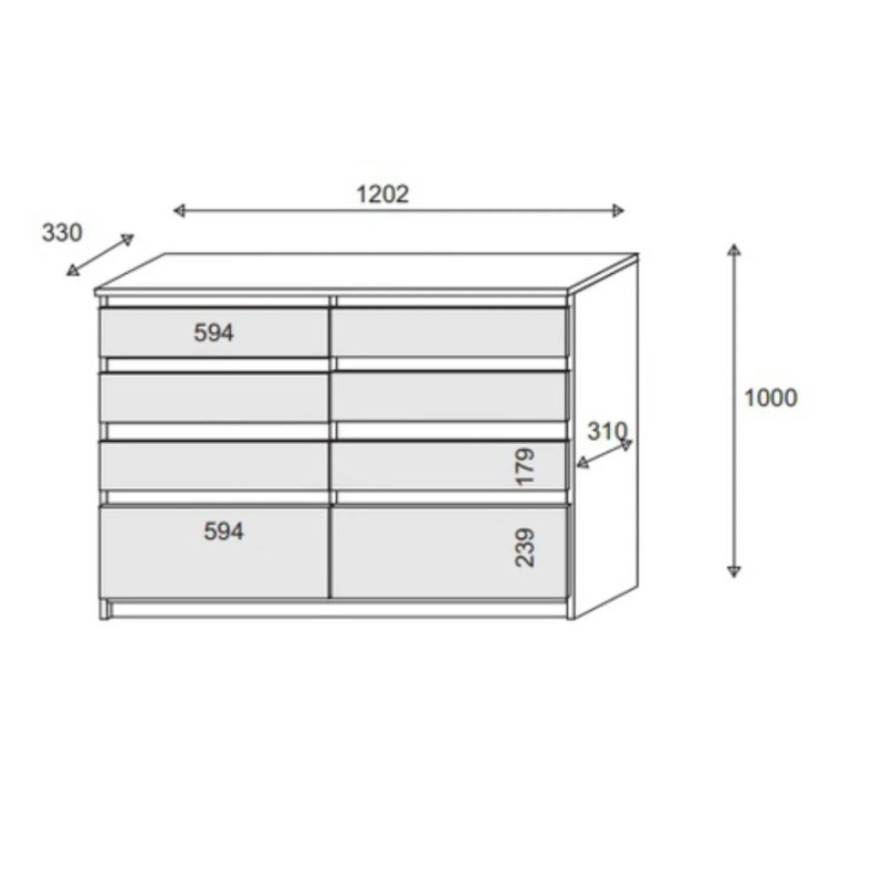 Komoda z szufladami AURA II - WYMIARÓWKA