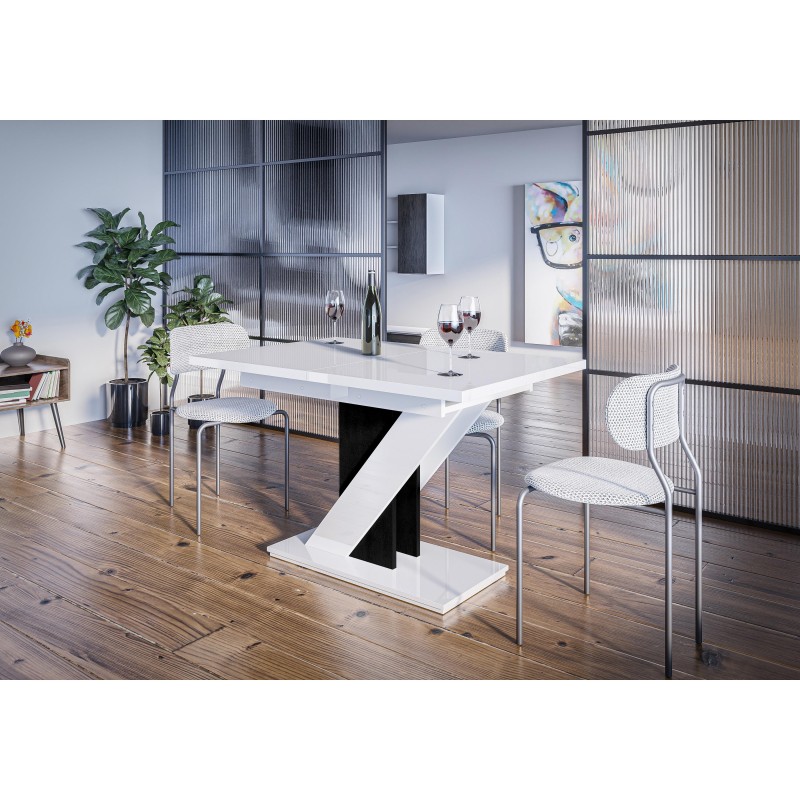 Stół do salonu Meva White/Black Gloss z podstawą w kształcie Z, biały, prostokątny, złożony