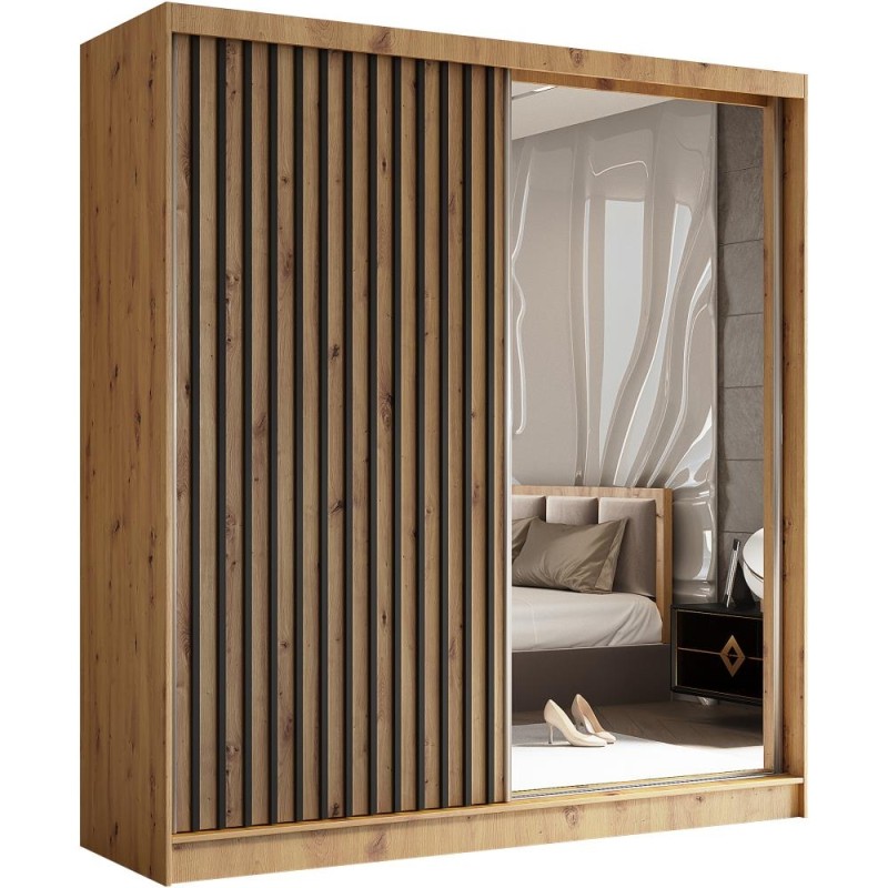 Szafa przesuwna z lamelami HELIX, Dąb artisan + Czarny, 200 cm, Nie