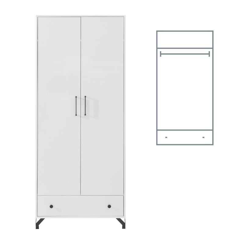 Szafa dwudrzwiowa Bergo z szufladą – biały Lux z białym połyskiem