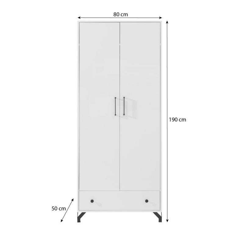Szafa dwudrzwiowa Bergo z szufladą – biały Lux z białym połyskiem