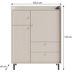 Komoda GLORIA – nowoczesna z 2 szufladami i 3 drzwiami, złote uchwyty