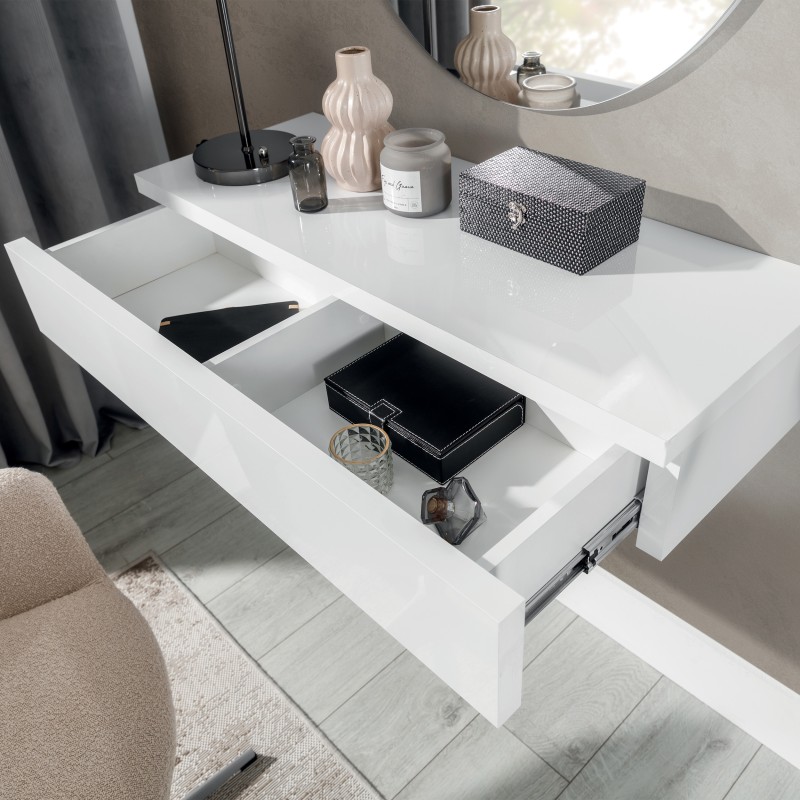 Konsola wisząca NIVARO – nowoczesna wisząca półka z 1 szufladą, biały lub czarny połysk