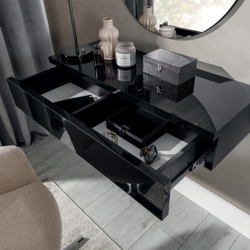 Konsola wisząca NIVARO – nowoczesna wisząca półka z 1 szufladą, biały lub czarny połysk