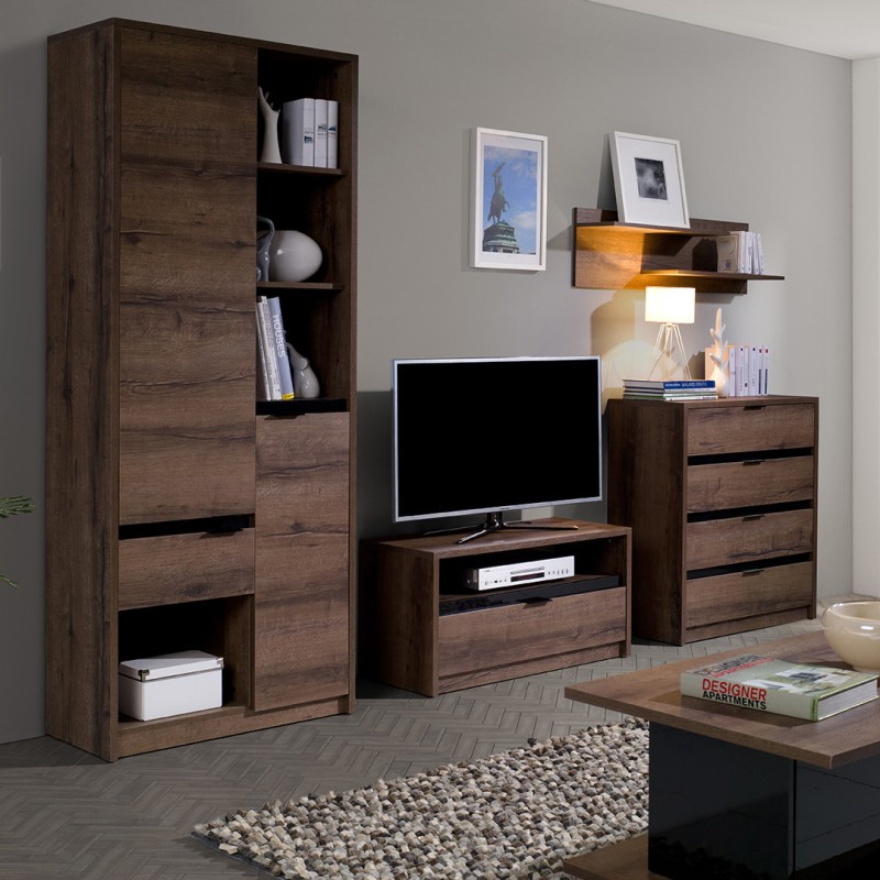 Komoda DEVON 135 cm – 4 szuflady, 3 drzwi | Dąb Monastery + Czarny Połysk