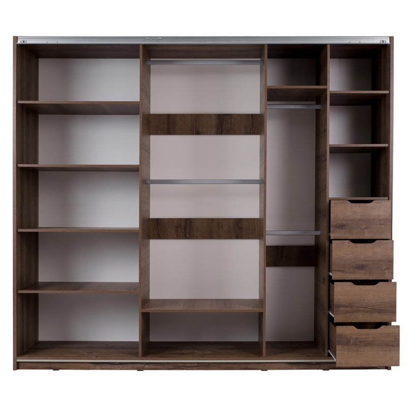 Szafa przesuwna DEVON 250 cm – 3 drzwi, lustro i szuflady | Dąb Monastery + Czarny Połysk