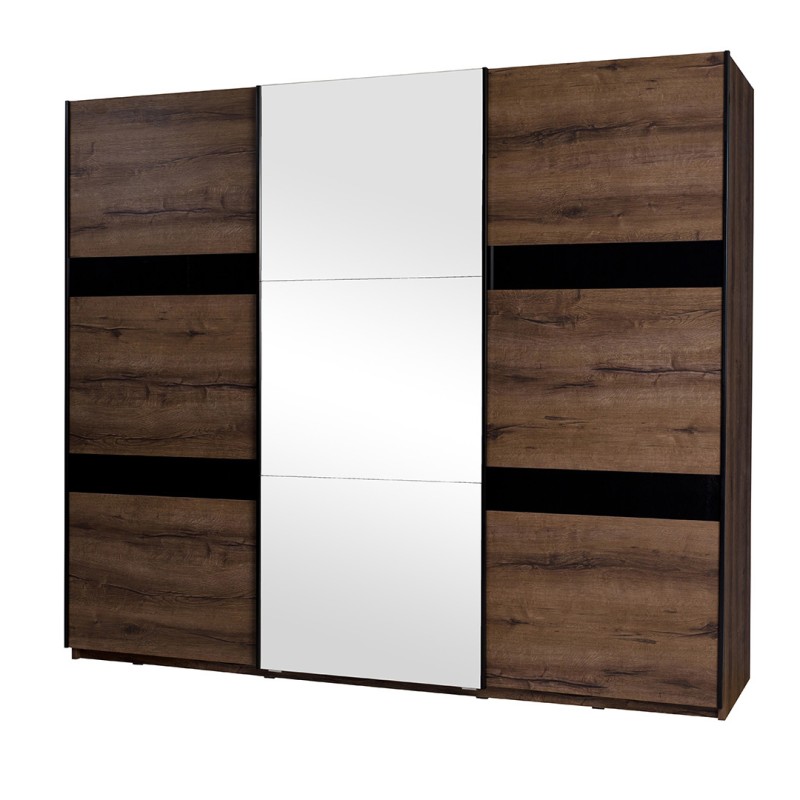 Szafa przesuwna DEVON 250 cm – 3 drzwi, lustro i szuflady | Dąb Monastery + Czarny Połysk