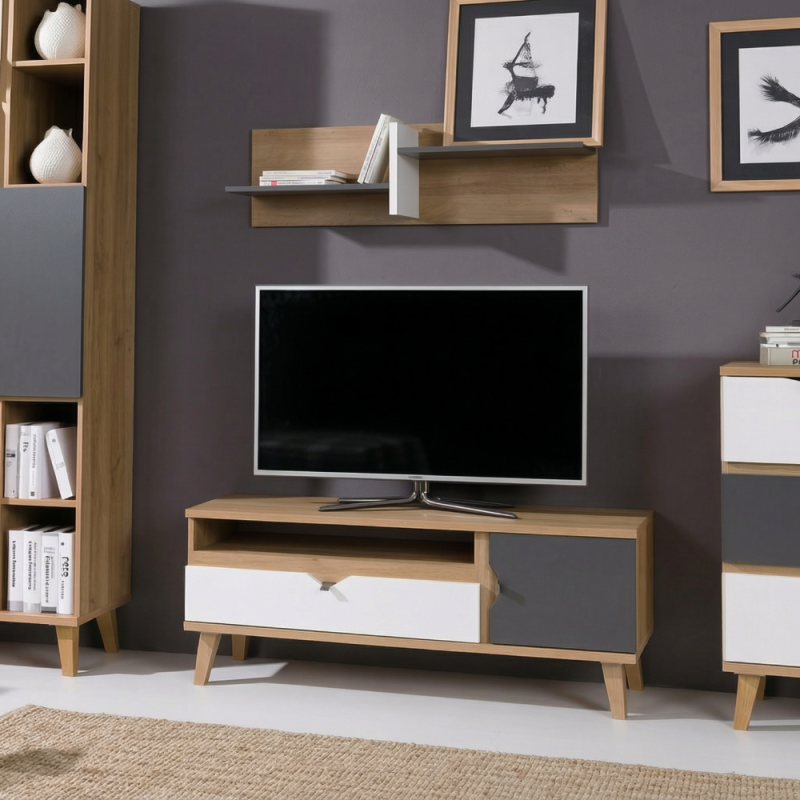 Szafka RTV MORENO 120 cm Dąb Złoty / Biały / Grafit – 1 Drzwi 1 Szuflada