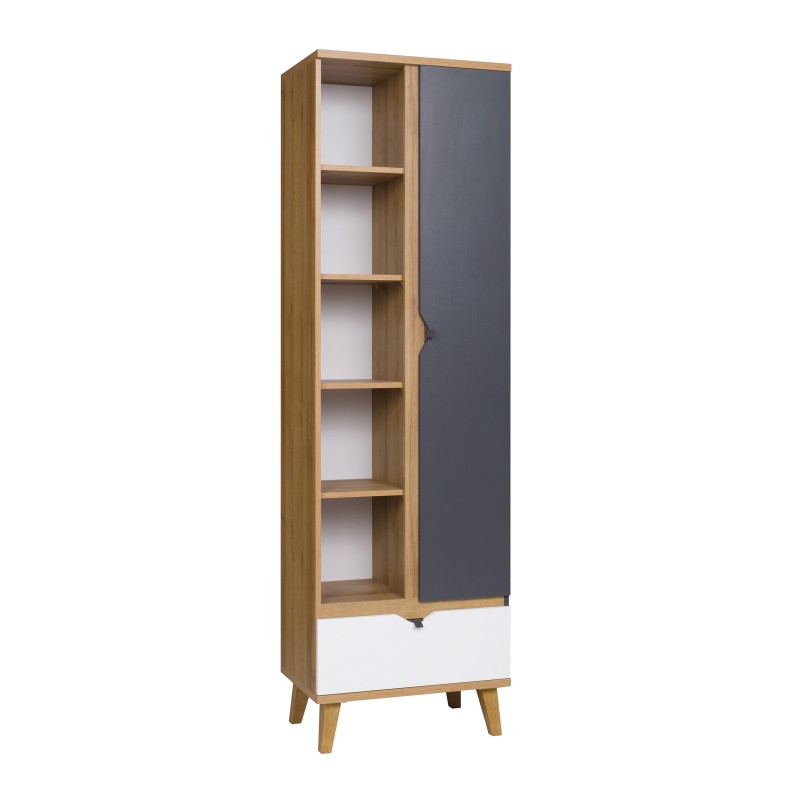 Regał MORENO 60 cm – 1 drzwi, 1 szuflada, 7 półek | Dąb złoty / biały / grafit