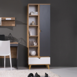 Regał MORENO 60 cm – 1 drzwi, 1 szuflada, 7 półek | Dąb złoty / biały / grafit