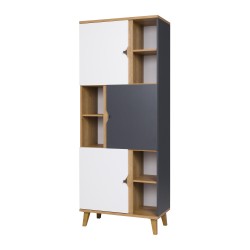 Regał MORENO 80 cm – 3 drzwi, 6 półek | Dąb złoty / biały / grafit