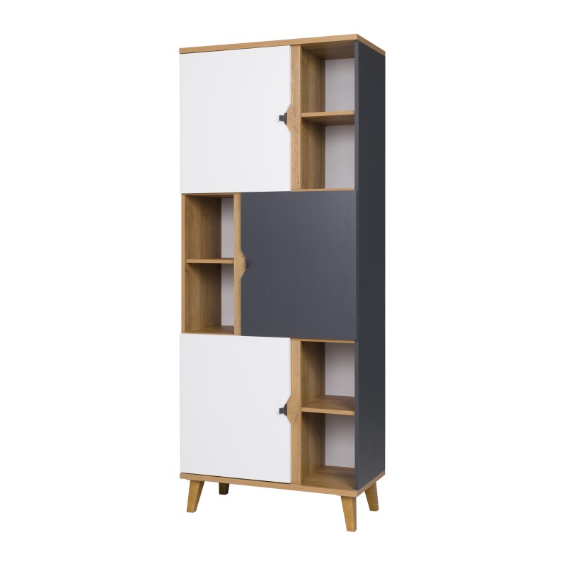 Regał MORENO 80 cm – 3 drzwi, 6 półek | Dąb złoty / biały / grafit