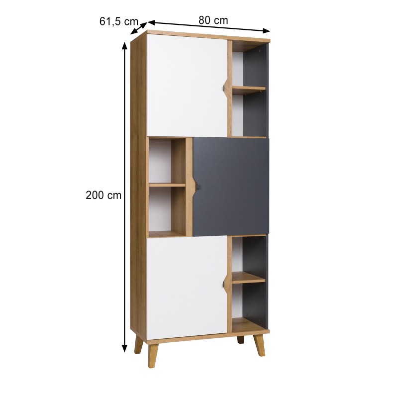 Regał MORENO 80 cm – 3 drzwi, 6 półek | Dąb złoty / biały / grafit