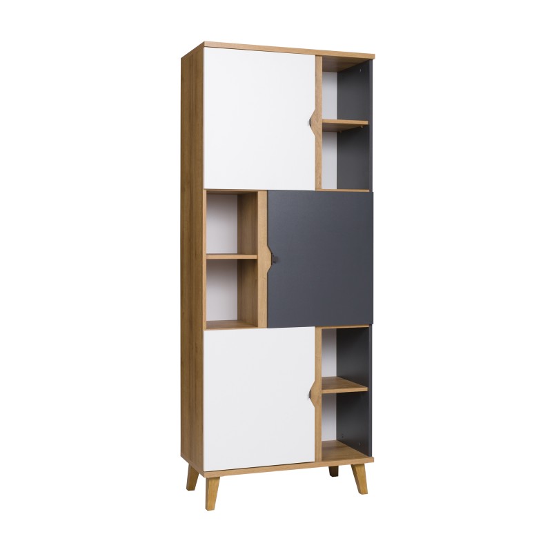 Regał MORENO 80 cm – 3 drzwi, 6 półek | Dąb złoty / biały / grafit