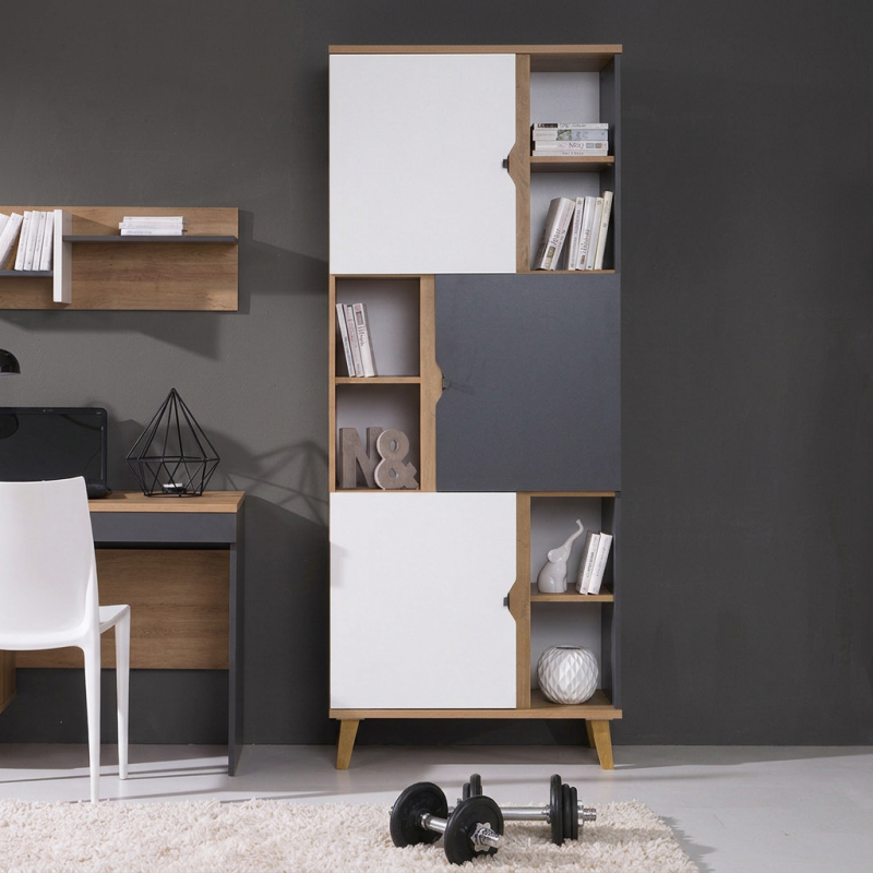 Regał MORENO 80 cm – 3 drzwi, 6 półek | Dąb złoty / biały / grafit