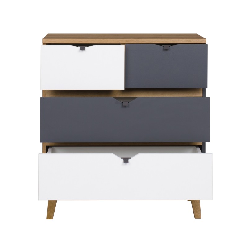 Komoda MORENO 81 cm – 4 szuflady | Dąb złoty / biel / grafit