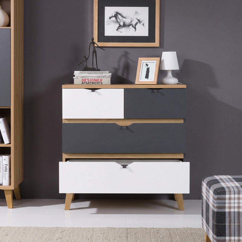 Komoda MORENO 81 cm – 4 szuflady | Dąb złoty / biel / grafit