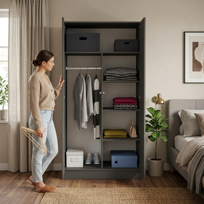 Szafa z drzwiami uchylnymi CLASSIC 90 cm – TIP-ON, drążek i półki