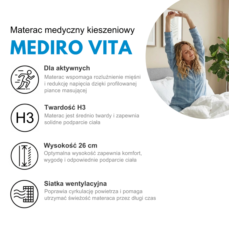 Materac MEDIRO VITA SENIOR H3 – kieszeniowy, pianka HR, pokrowiec TENCEL