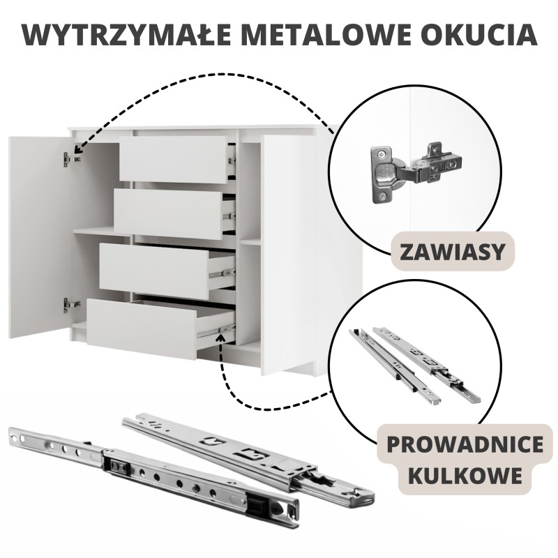 Komoda biała 120/140 cm – 4 szuflady i 2 szafki LEMON