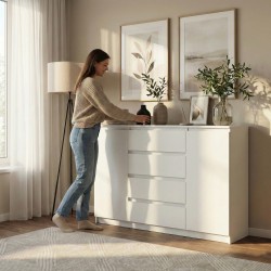 Komoda biała 120/140 cm – 4 szuflady i 2 szafki LEMON