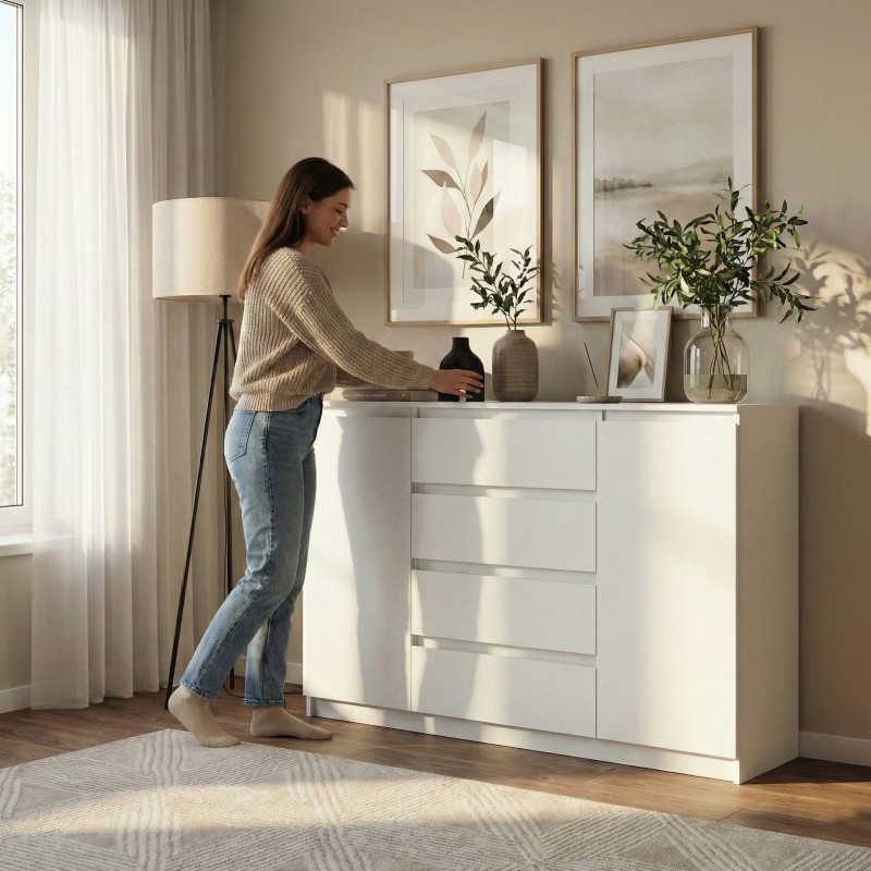 Komoda biała 120/140 cm – 4 szuflady i 2 szafki LEMON