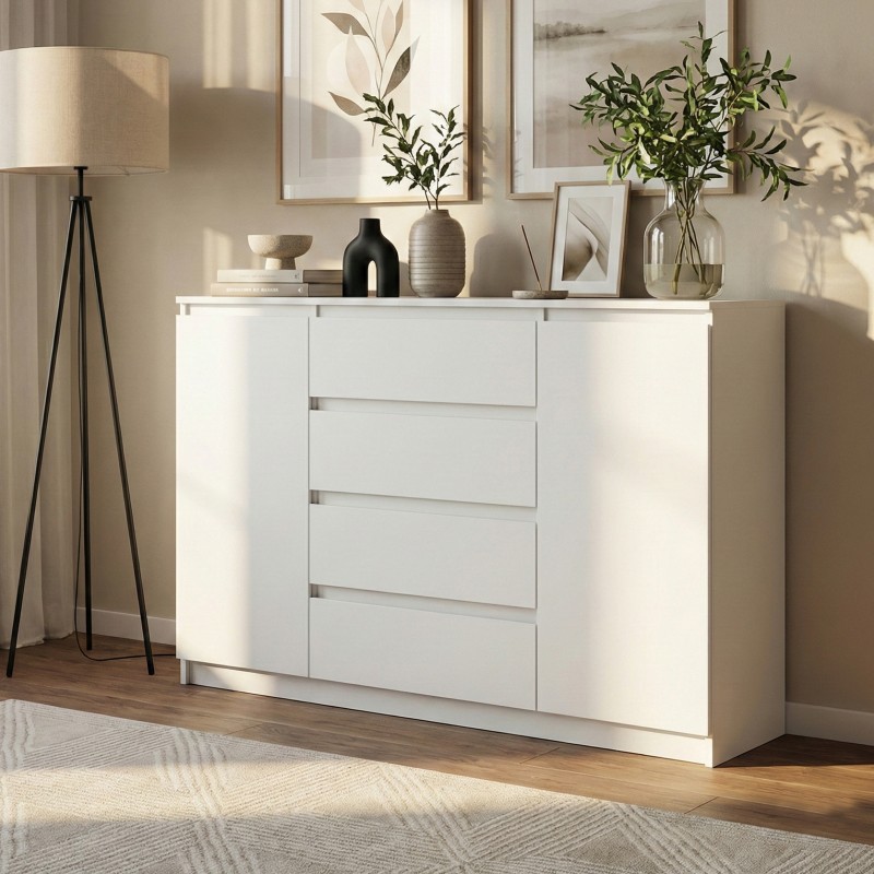 Komoda biała 120/140 cm – 4 szuflady i 2 szafki LEMON