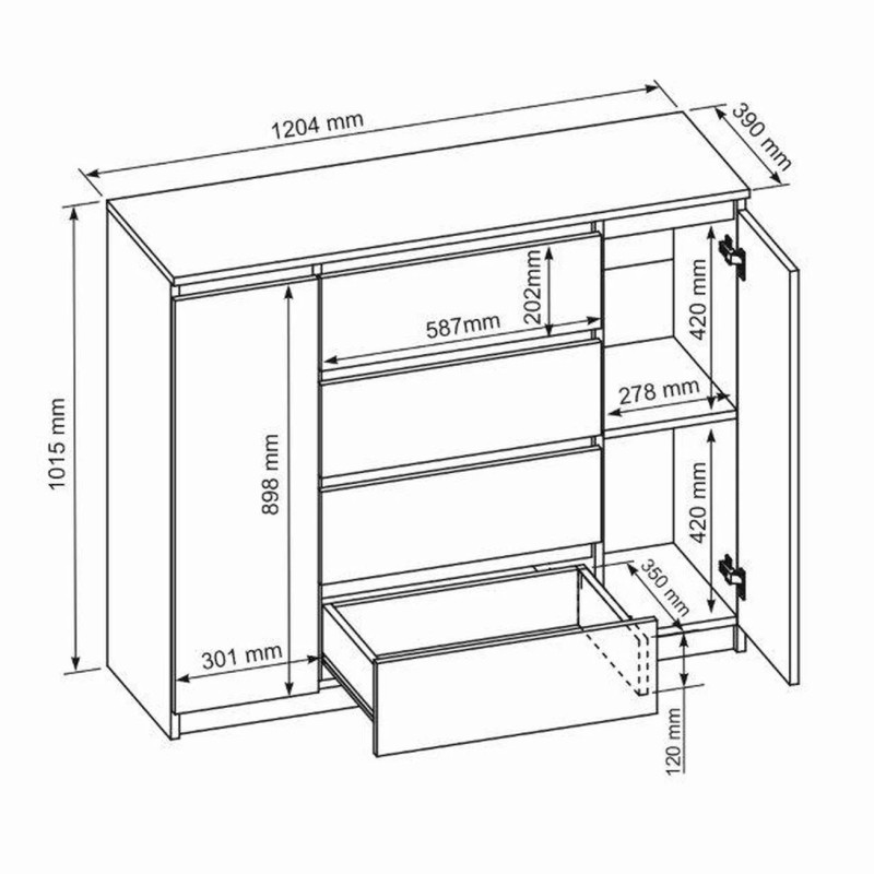 Komoda biała 120/140 cm – 4 szuflady i 2 szafki LEMON