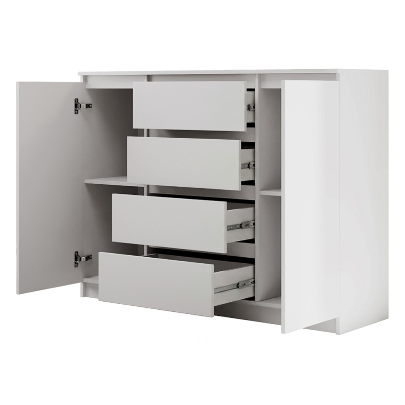 Komoda biała 120/140 cm – 4 szuflady i 2 szafki LEMON