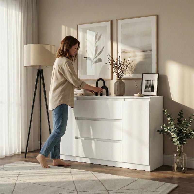 Komoda biała 120/140 cm – 3 szuflady, 2 szafki LEMON