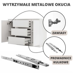 Komoda biała 120/140 cm – 3 szuflady, 2 szafki LEMON