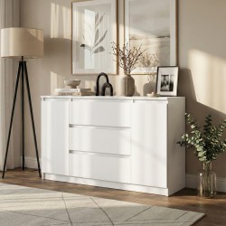 Komoda biała 120/140 cm – 3 szuflady, 2 szafki LEMON