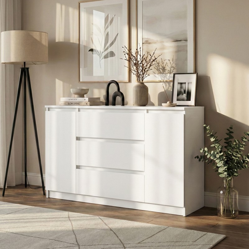 Komoda biała 120/140 cm – 3 szuflady, 2 szafki LEMON