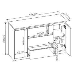 Komoda biała 120/140 cm – 3 szuflady, 2 szafki LEMON