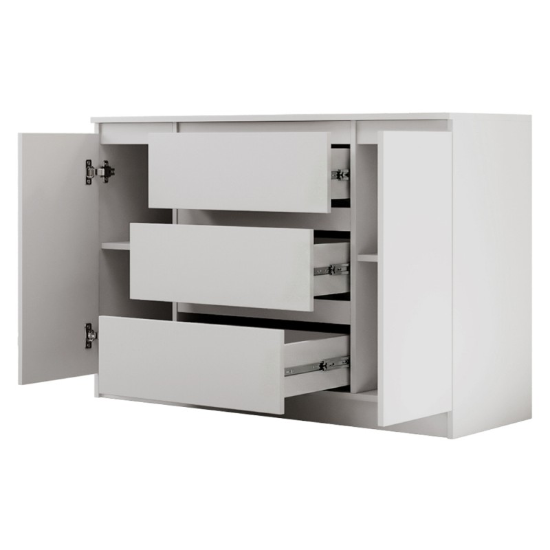 Komoda biała 120/140 cm – 3 szuflady, 2 szafki LEMON