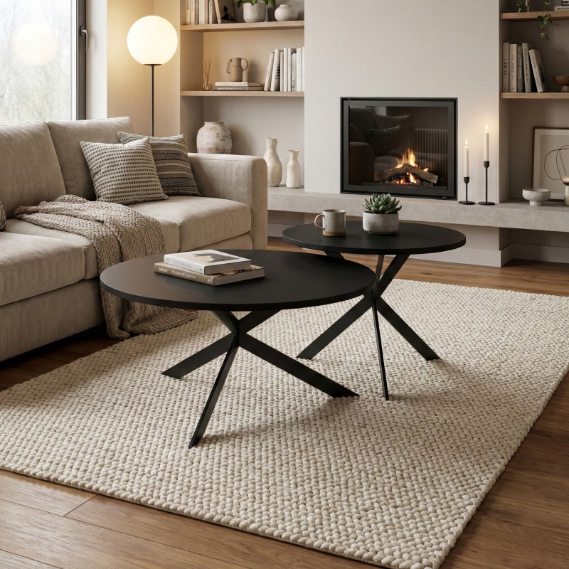 Zestaw stolików kawowych LIRA loft – czarne stoliki okrągłe 2w1