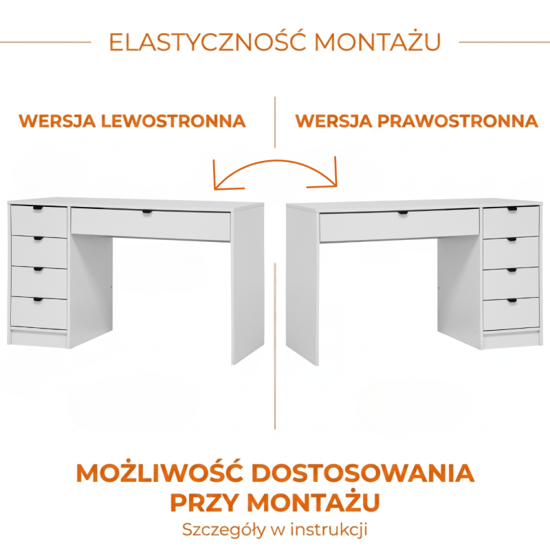 Biurko MALTA z uchwytami – 5 Szuflad, Białe lub Kaszmir