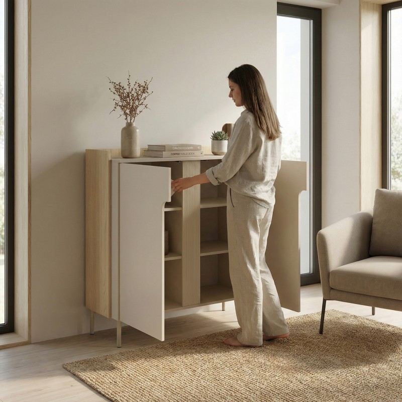 Komoda wysoka POSITIVO 103 cm – 2 drzwi, TIP-ON, metalowe nogi