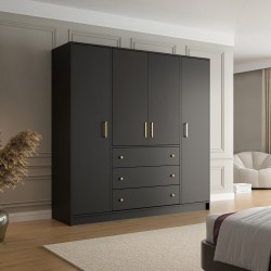 Szafa RILO 200 cm – 4 Drzwi, 3 Szuflady i Złote Uchwyty