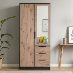 Szafa LIVO 100 cm – 2 Drzwi, 3 Szuflady, Czarny / Dąb Wiking