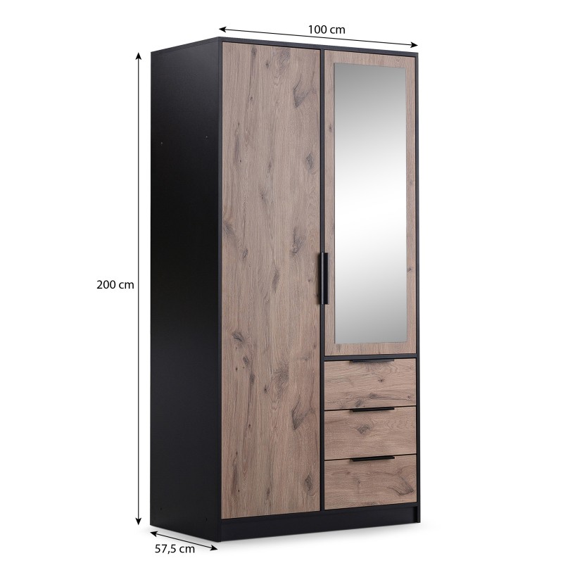 Szafa LIVO 100 cm – 2 Drzwi, 3 Szuflady, Czarny / Dąb Wiking