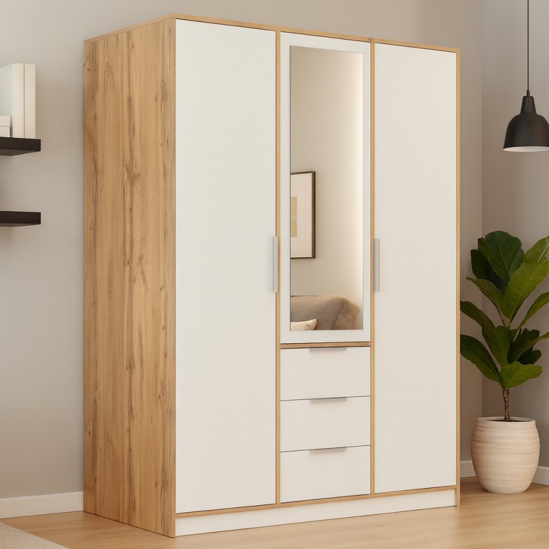 Szafa LIVO 150 cm – 3 Drzwi, 3 Szuflady, Drążki na Ubrania