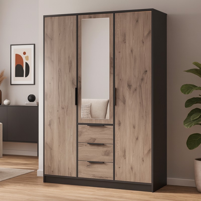 Szafa LIVO 150 cm – 3 Drzwi, 3 Szuflady, Drążki na Ubrania