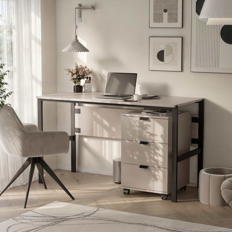Biurko CORTINA 128 cm Beż Piaskowy – 3 Szuflady