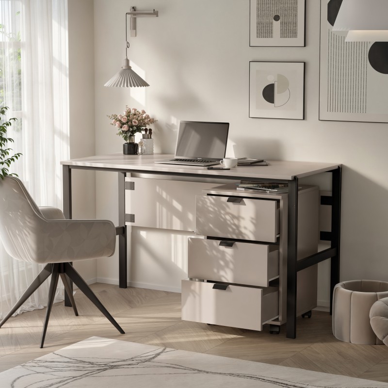 Biurko CORTINA 128 cm Beż Piaskowy – 3 Szuflady