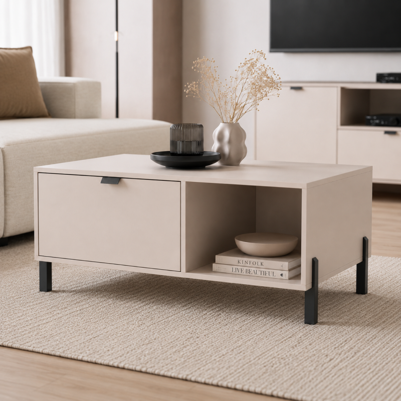 Stolik kawowy CORTINA 107 cm – beż piaskowy z szufladą
