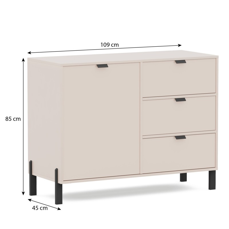 Komoda CORTINA 109 cm Beż Piaskowy – 1 Drzwi i 3 Szuflady