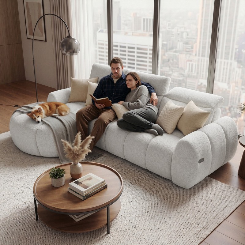 Narożnik SOREL MINI z elektrycznie regulowana głębokość siedziska | Tkanina RAVEN