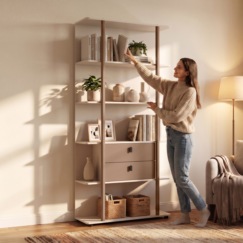 Regał BOREO 90 cm – 2 Szuflady, Otwarte Półki i Metalowy Stelaż