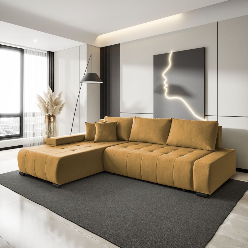 Narożnik z funkcją spania Draco L  Barrel żółty aranżacja lewy